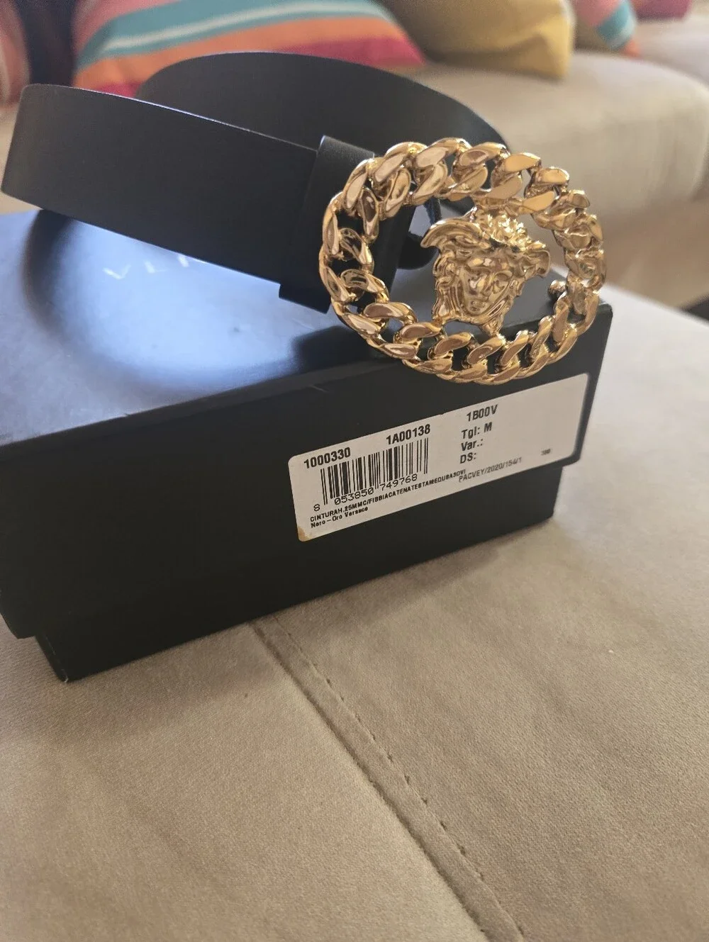 Gold Medusa Chain Buckle Black Leather Belt - Kids Versace